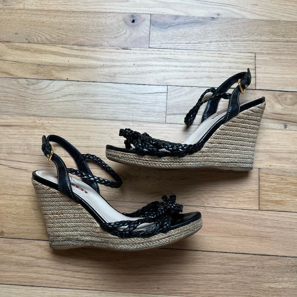 Prada Women's 35 US 5 Leather Braided Espadrilles Black Strappy Sandals Luxury